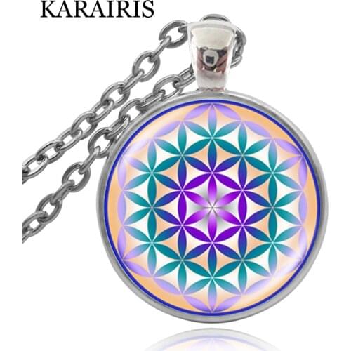 KARAIRIS Sacred Geometry Flower of Life Pendant Necklace Mandala Glass Cabochon Buddhism Spiritual Yoga Necklace Women Jewelry
