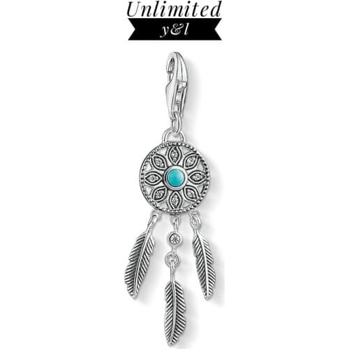 Feather Dream Catcher Charm 925 Sterling Silver Blue Stone Disc Fashion Jewelry Accessories Fit Thomas Style Bracelet Necklace