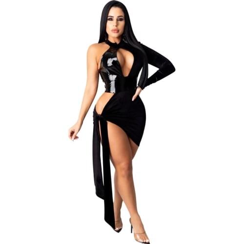 Elegant PU Leather Patchwork Velvet Party Dresses Women Evening Hollow Out One Shoulder Halter Lace Up Bodycon Bandage Dress