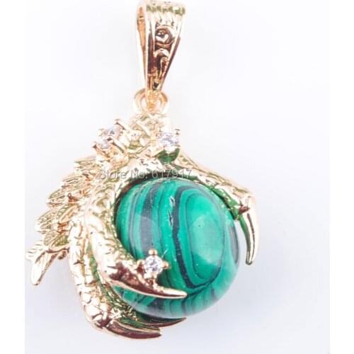 RONGZUAN Malachite Gem Stone Round Ball Bead Dragon Claw Crystal Reiki Chakra Pendulum Pendant Necklace 18" Chain Jewelry TN3094