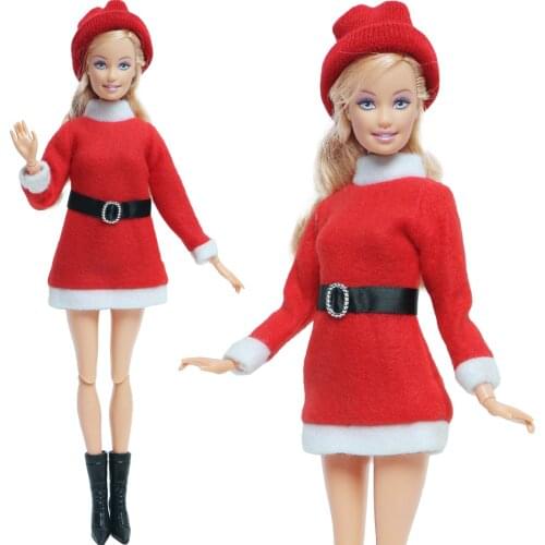 3 Pcs/Set Christmas Suit 1x Red Long Sleeve Doll Dress Warm Hat Black High Heels Shoes Clothes for Barbie Doll Accessories Toy