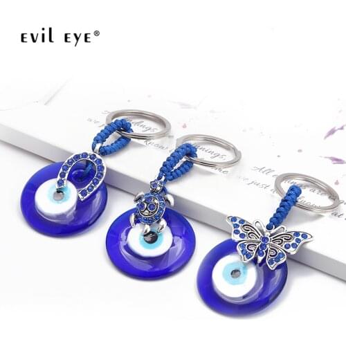 EVIL EYE Butterfly Owl Tortoise Blue Turkish Evil Eye Pendant Keychain Silver Color Key Chain Holder Jewelry for Women Men
