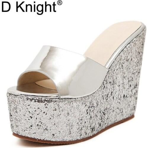 Summer Extra High Heels Sandals Women Bling Sequins Platform Sandalias Women Patent Leather Thick Bottom Ladies Slippers Slides