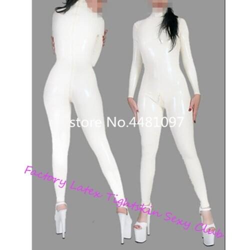 Sexy Unisex Womens White Latex Catsuit Rubber Bodysuits with Back Crotch Zip High Quality Latex Rubber Zentai fetish