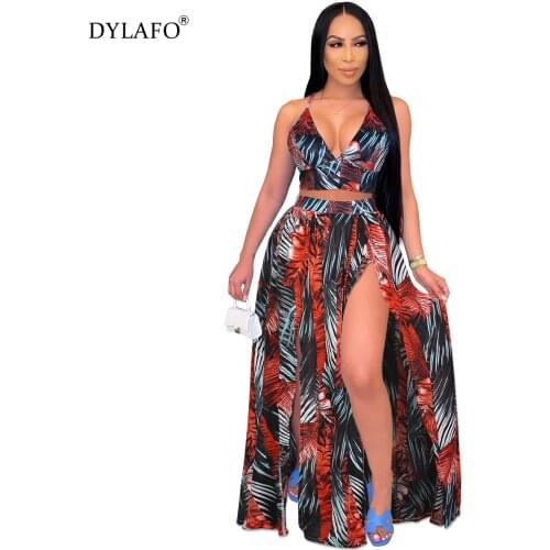 Sexy Print Tracksuit Woman Suits Floral Print Red Sexy Halter Tops And High Waist Split Maxi Skirts Two Piece Boho Outfit Suits