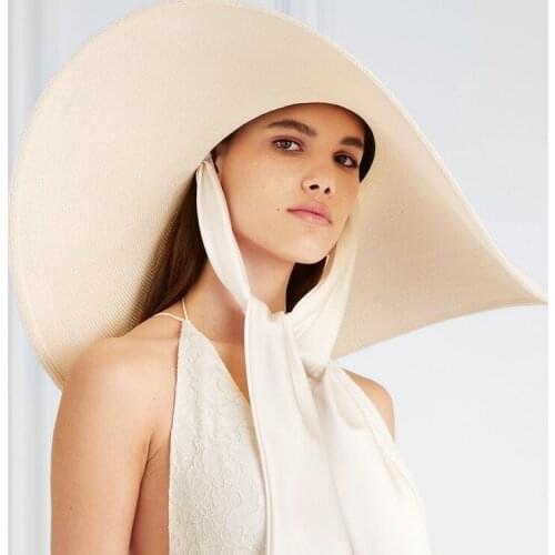 Women White 25cm Overside Sun Hat Soft Silk Ribbon Tie Wide Brim Floppy Hat Giant Beach Straw Hat Summer Derby Hat Bonnet Enfant