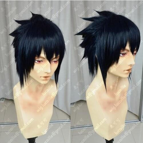 NARUTO Uchiha Sasuke Short Ink Blue Colour Centre-parted Heat Resistant Hair Cosplay Costume Wig + Free Wig Cap