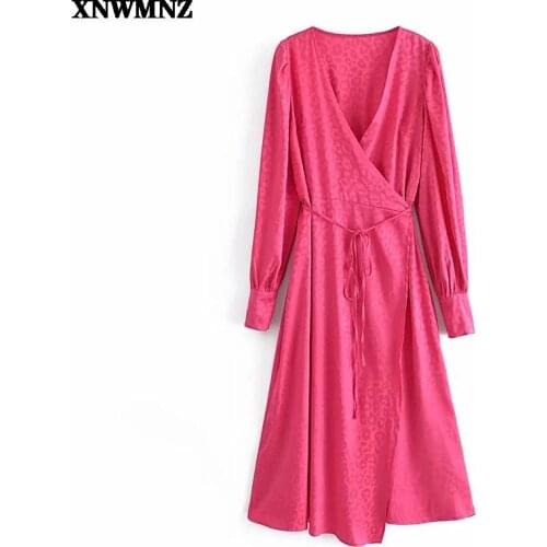XNWMNZ Women Fashion With Belt Jacquard Wrap Midi Dress Vintage V Neck Puff Sleeve Female Dresses summer Chic Vestidos Mujer