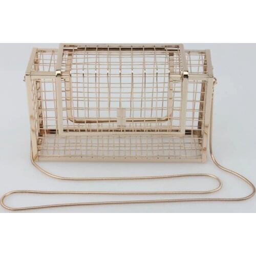 Fun clutch evening bag hollow out metal cage shape womens handbag chain shoulder party bag small messenger crossbody bag purse