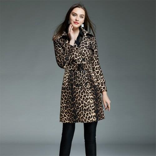 Spring Leopard Trench Coat For Women Fashion Belt Double-Breasted Long Windbreaker Autumn Slim Overcoat Female Plus Size H1630