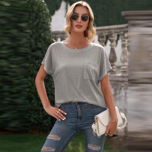 2021 Summer Women T-shirt Multicolor O-Neck Short Sleeve Female Tee Loose Pocket Patchwork T-Shirt Casual Solid Lady Tshirt Tops