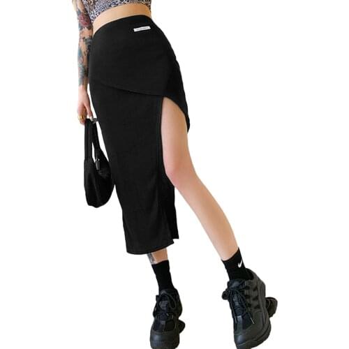 Women Bodycon Midi Skirt Soft Fabric Casual High Waist Letter Print High Low Split Wrap Elegant Chic Skirts Comfortable