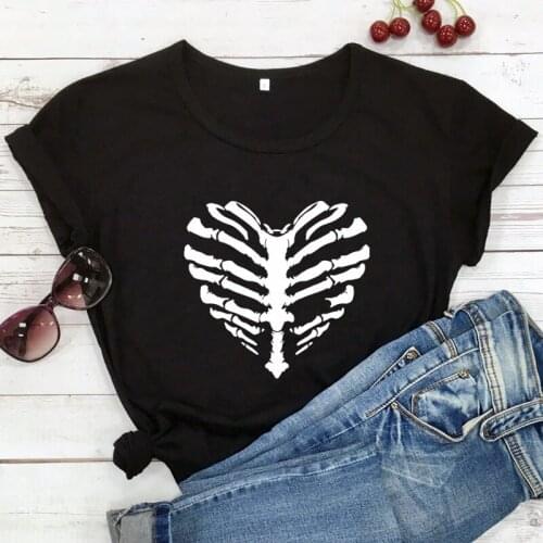Love Heart Skeleton Graphic Tees Women Summer Tumblr T Shirt Causal Tops Gothic Plus Size Clothing Camisas Mujer Dropshipping