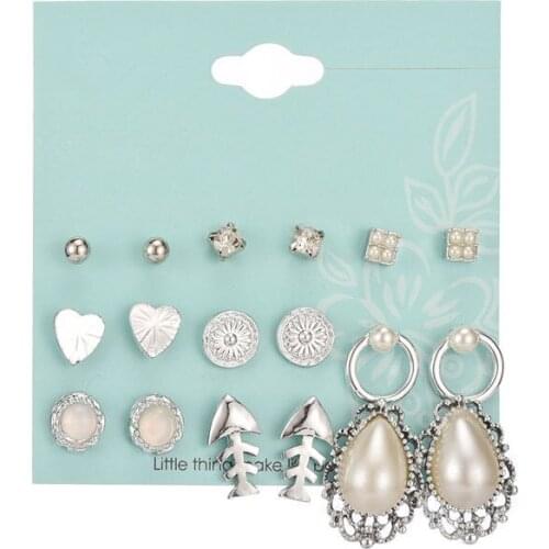 Exquisite White Geometric Pearl Ear Studs Ear Jewelry New Fashion Opal Stud Earrings Set Femme Bijoux 9Pairs