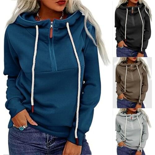 Female Tops Solid Color Long Sleeve Hooded Pullover Blouse with Zipper for Spring Fall