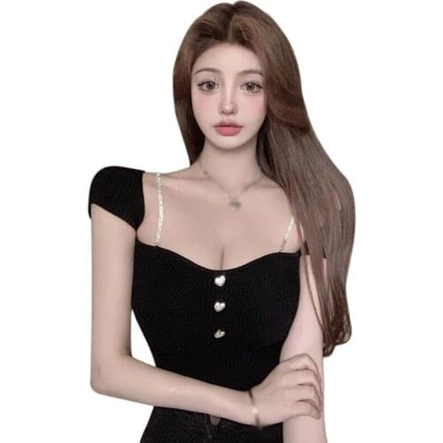 Womens Square Collar Sexy Slim Expose Navel Knitted Short Sleeve T-Shirt Top