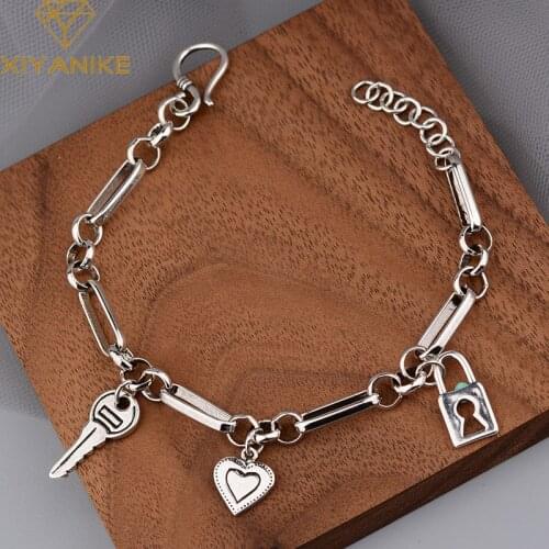 XIYANIKE 925 Sterling Silver Love Lock Key Thai Silver Bracelet Women Fashion Simple Temperament Personality Retro Romantic Gift