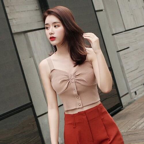 Summer Retro Chic Bead Button Sleeveless Women Camisoles Harajuku Backless Knitted Off Shoulder Crop Top