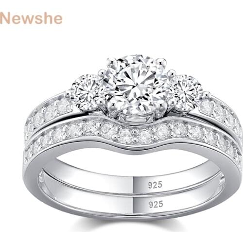 Newshe 2 Pieces Solid 925 Sterling Silver Wedding Ring Set For Women 3 Stones Engagement Ring Bridal Classic Jewelry Gift BR1099