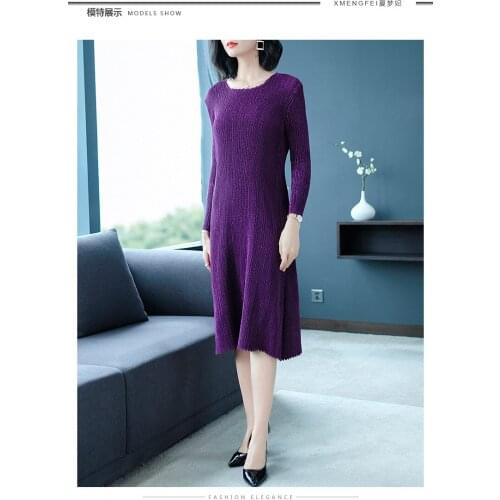 Spring and Autumn Womens Dress Willow Pleated Cropped Sleeve Pleated Dress miyake pleats dresses free