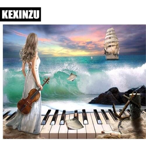 5d diamond painting Full Square/Round drill-woman violin seaside-Rhinestone Diamond embroidery sale mosaic pictures by numbers