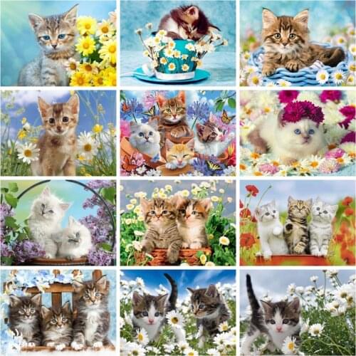 Huacan 5d Diamond Painting Cat Daisy Mosaic Animal Flower Home Decor Embroidery Cross Stitch Floral Wall Stickers