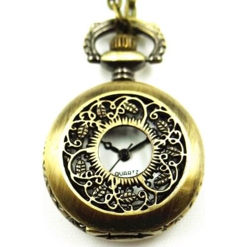 Bronze POCKET WATCH Women dress necklace chain HOLLOWED LEAF Jewelry Woman Vintage Fashion