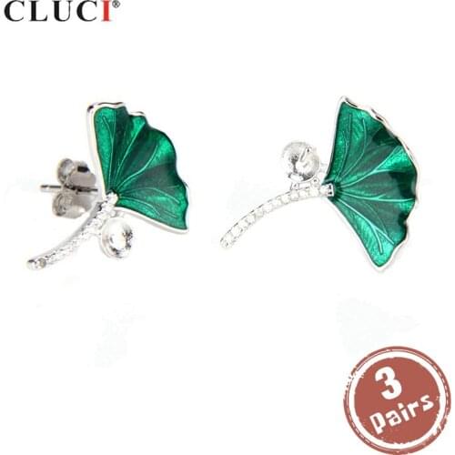 CLUCI 3 pair wholesale 925 Sterling Silver Leaf Earrings Jewelry Pearl Earring Mounting Silver 925 Green Stud Earrings SE040SB