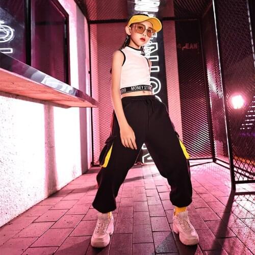 Children Jazz Street Dance Wear For Kids White Vest Loose Hiphop Pants Suit Girls Hip Hop Dance Clothes Practice Outfits DN8980