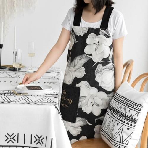 Nordic style Cotton printing aprons BLACK flowers pattern Thickening apron for Baker Bar BBQ Work Wear 02 weight=0.5kg