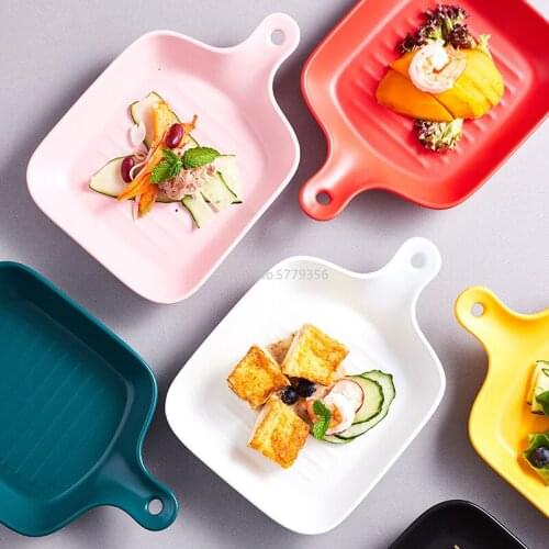 Nordic Creative Square Ceramic Baking Tray Baking Paella Microwave Oven with Handle Baking Tray Glazed Breakfast Tray Tableware