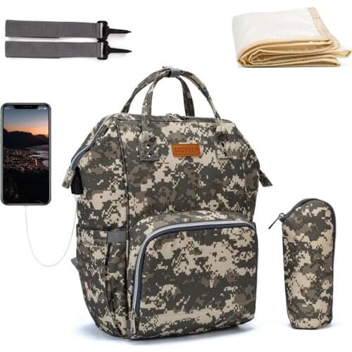 Lequeen Mommy Backpacks Large Volume Maternity Bag Multi-function Diaper Bag Outdoor Travel USB Nappy bag Camouflage color LPB24