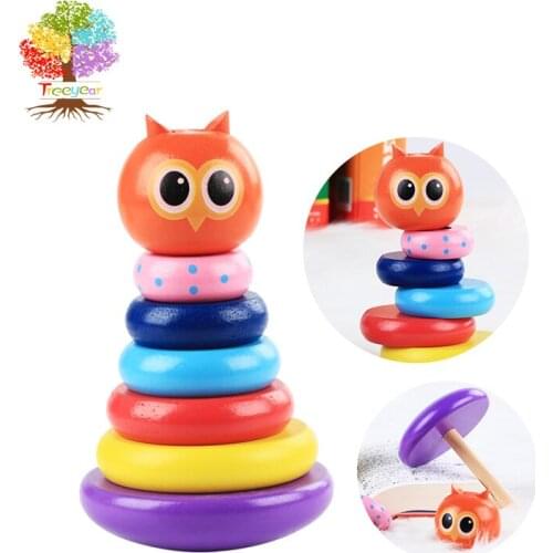 Treeyear 6 pcs Wooden Stackable Rings Roly-Poly Toy for Early Development and Sorting Skills for Ages 12+ Months