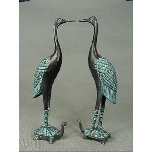 A Pair Of Hand Carved Collection Red-Crowned Crane & Tortoise Bronze Statue