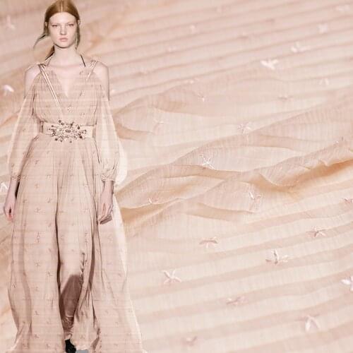 Pearlsilk Pink Jacquard Weave Stars Hundred Pleats Crinkle Chiffon Garment Materials Dress DIY clothes fabrics Freeshipping