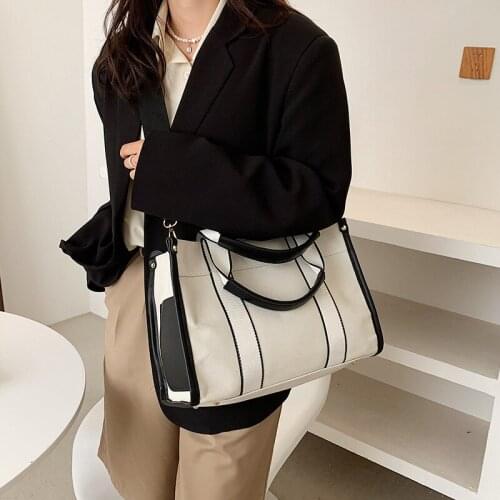 Casual Contrast Striped Soft-Faced Tote Women Zip Canvas Shopping Crossbody Bag WomenS Simple Korean Style Handbag Woman 2021