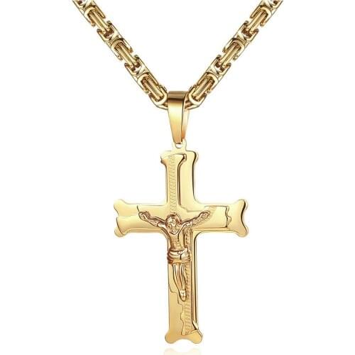 Religious Crucifix Jesus Cross Pendant Necklaces Male Gold Color Stainless Steel Byzantine Chains For Men Jewelry Dropshipping