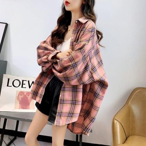 Shirts Women Solid Plaid Chic Outwear Loose 2XL Oversize Chic Womens Korean Style Sweet All-match Elegant Design Blouses Ulzzang
