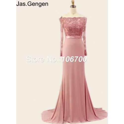 Mermaid Lace Appliques vestidos de fiesta Prom Dresses Long Sleeves Boat Neck with Sash Long Bridal Party Evening Gowns 975b