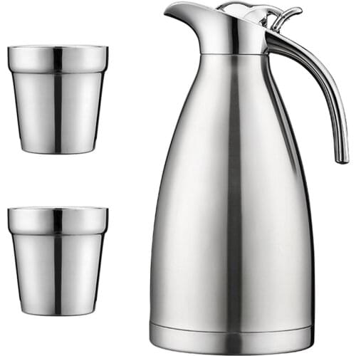 2L Thermal Carafe Set 304 Stainless Steel Insulated Coffee Jug With 2 Cups Anti-scalding Comfortable Handle upgrade