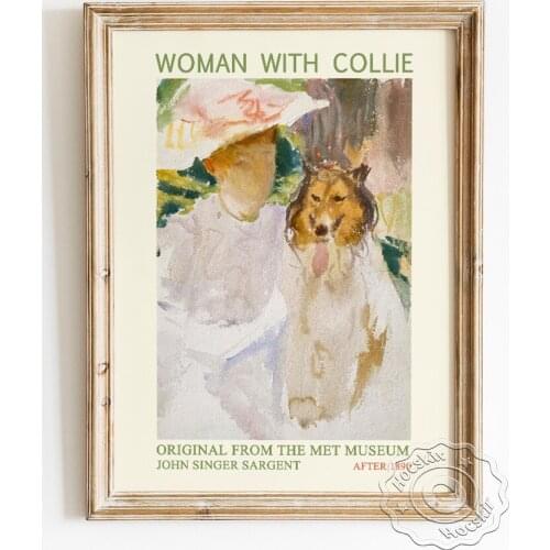 John Singer Sargent Exhibition Museum Poster, Woman With Collie Watercolor Sketch Art Prints, Impressionism Home Decor Painting