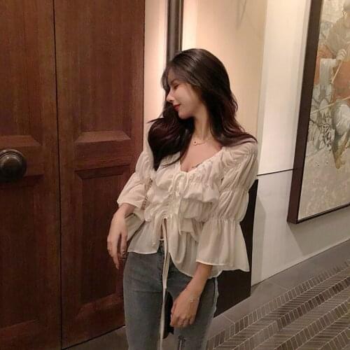 Summer Style Womens Clothing Korean Perspective Blouses Solid V-neck Chiffon Shirts Woman Fashion Bandage Low-cut Tops New