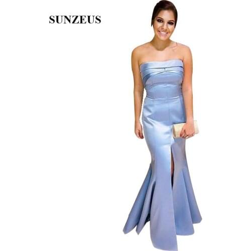 Mermaid Strapless Light Blue Satin Wedding Guest Dress With Front Slit Elegant Simple Women Formal Party Gowns Mother Lady Dress