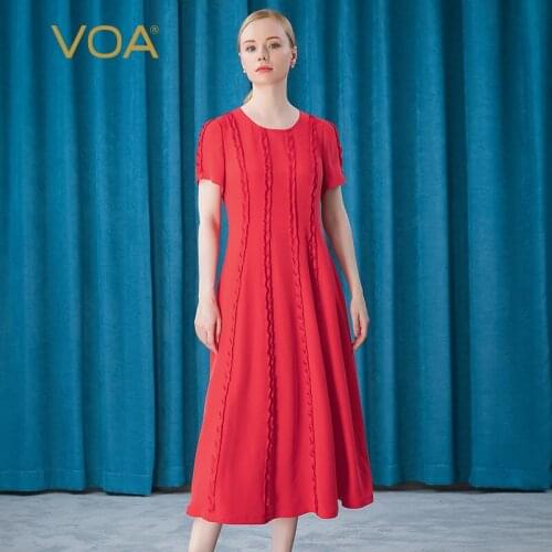 VOA Silk Dream Red Heavy 30m/m Spiral Stripe Stereo Stitching Decoration Short Sleeve Round Neck Dress for Women AE671