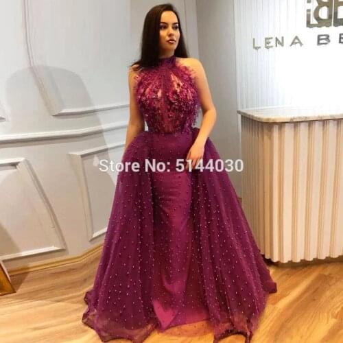 Purple Lace Pearls Formal Evening Dresses 2019 Dubai Couture Islamic Prom Dress Evening Gowns Muslim Turkish Arabic Party Gowns
