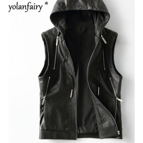 2020 New Leather Vest Hooded Genuine Leather Jacket Men Sheepskin Coat Casual Mens Vests Vintage Colete Masculino KFS19M014
