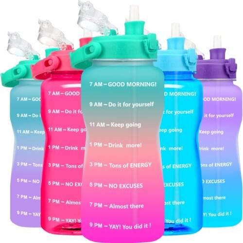 2 liters large-capacity fitness water bottle with straw time mark
