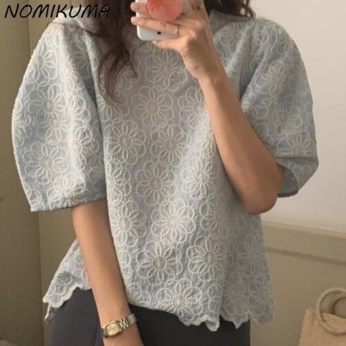 Nomikuma Chic Floral Embroidery Women Shirts Blouses Korean Sweet Puff Sleeve O-neck Blusas 2021 Summer New Ladies Tops 6J996