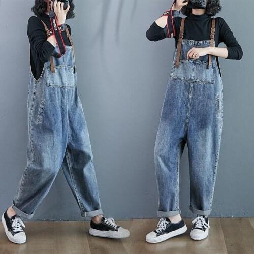 Retro High Waist Denim Bib Women 2021 Slim Korean Pants Jeans Loose Harem Overalls Student Nine-point Jumpsuit Trouser