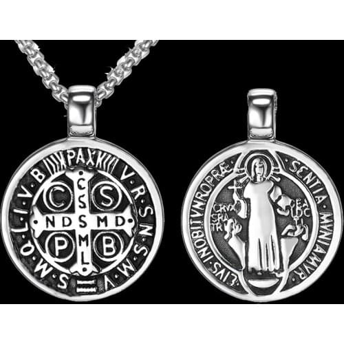 Catholic Jewelry European Style Religious Stainless Steel St Benedict Cross Medal Necklaces for Men Women